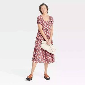 NEW Knox Rose Puff Short Sleeve Tierer Flowy Cognac Mauve Country Tie Back Dress